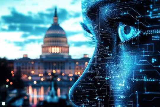 Digital composite of artificial intelligence with a human eye and a government building