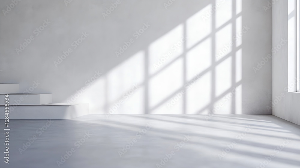 Poster Bright and modern interior with large windows casting shadows on a minimalistic space : Generative AI
