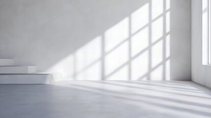Bright and modern interior with large windows casting shadows on a minimalistic space : Generative AI
