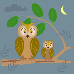 Painting of a mother owl and her baby night owl