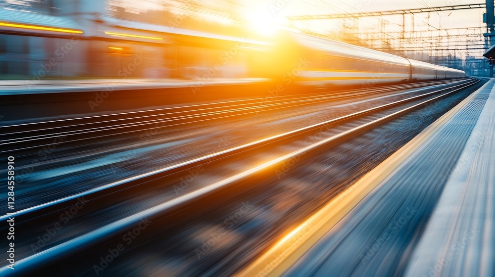 Poster dynamic motion blur of a highspeed train racing along the tracks during a beautiful sunset : generat