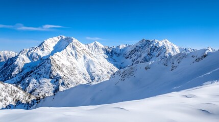 Fototapeta premium Snowy mountain peaks under a bright blue sky creating a serene winter landscape : Generative AI