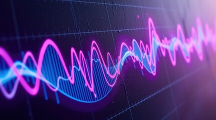 A vibrant visualization of fluctuating data displayed as bright neon lines against a dark grid background.