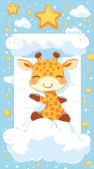 Obraz premium Adorable Baby Giraffe Sleeping on a Cloud, Night Sky Nursery Art