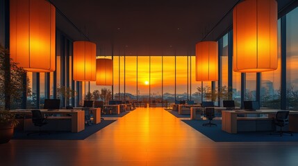 Modern Office Interior at Sunset with Lanterns and City View