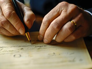 A close-up of hands holding a pen, writing on a document. The focus is on the careful craftsmanship and attention to detail, conveying the significance of signing important papers.