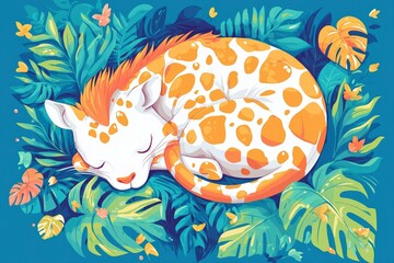 Serene Sleeping Cheetah Cub Amidst Lush Tropical Foliage