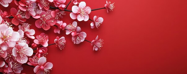 Pink cherry blossom flowers on vibrant red background arranged decoratively