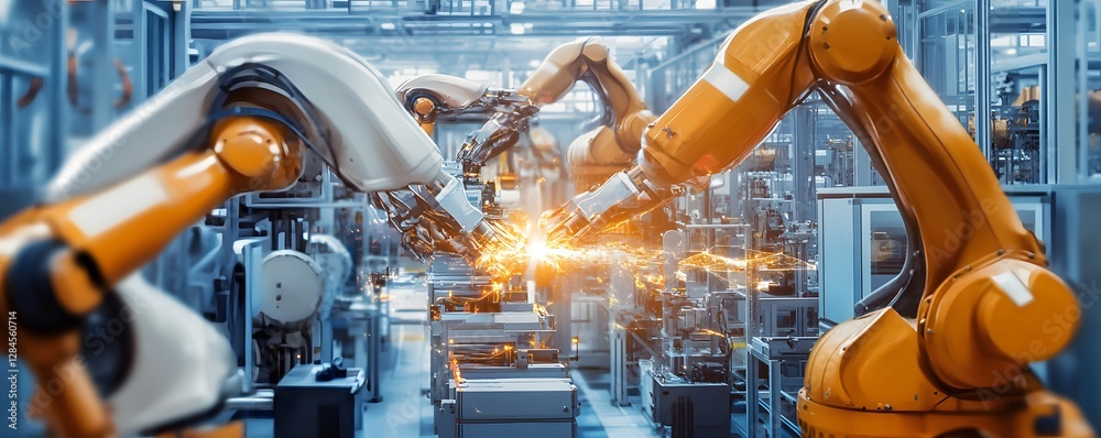 Poster a close-up view of robotic arms working on an automated assembly line. the scene showcases advanced 