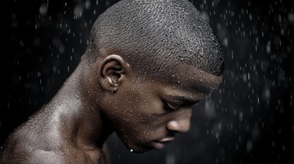 Introspective Male Portrait with Raindrops on Dark Background