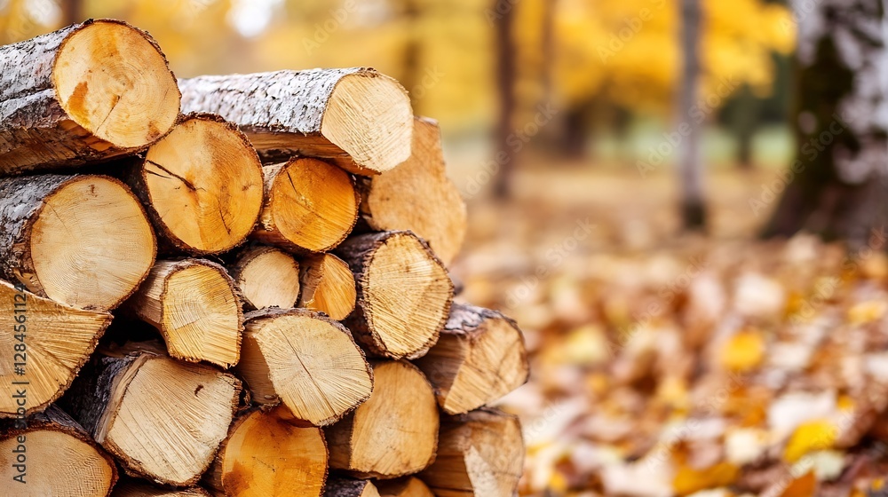 Poster stacked wooden logs surrounded by autumn leaves in a serene forest setting : generative ai