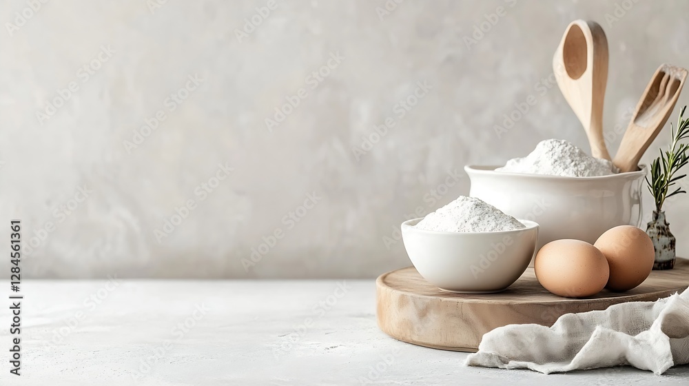 Poster natural ingredients for baking featuring flour eggs and wooden utensils arranged on a light backgrou
