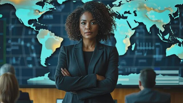 Confident Leader: A poised black woman, radiating authority, stands before a world map, commanding attention in a boardroom setting. A captivating portrait of a strong woman in leadership.