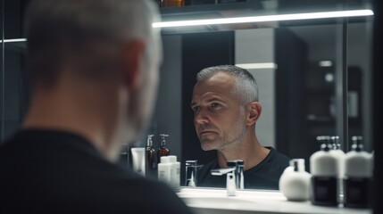 A man with thinning hair taking a mirror selfie after using a hair growth serum. Featuring confidence and progress