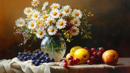 Vibrant still life with daisies and fresh fruit arrangement
