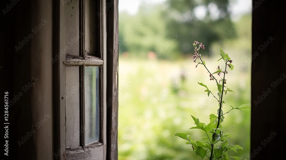 Poster Charming view from a rustic window with a focus on a green plant growing in the sunlight outside : Generative AI