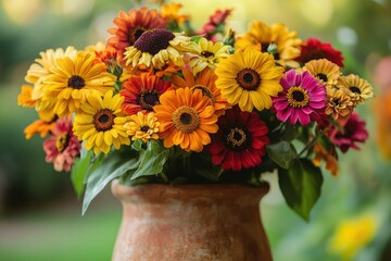 Vibrant bouquet of colorful sunflowers and zinnias in a terracotta pot, showcasing autumnal hues.