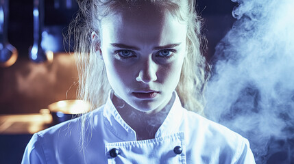 Confident female chef in professional kitchen setting for culinary excellence