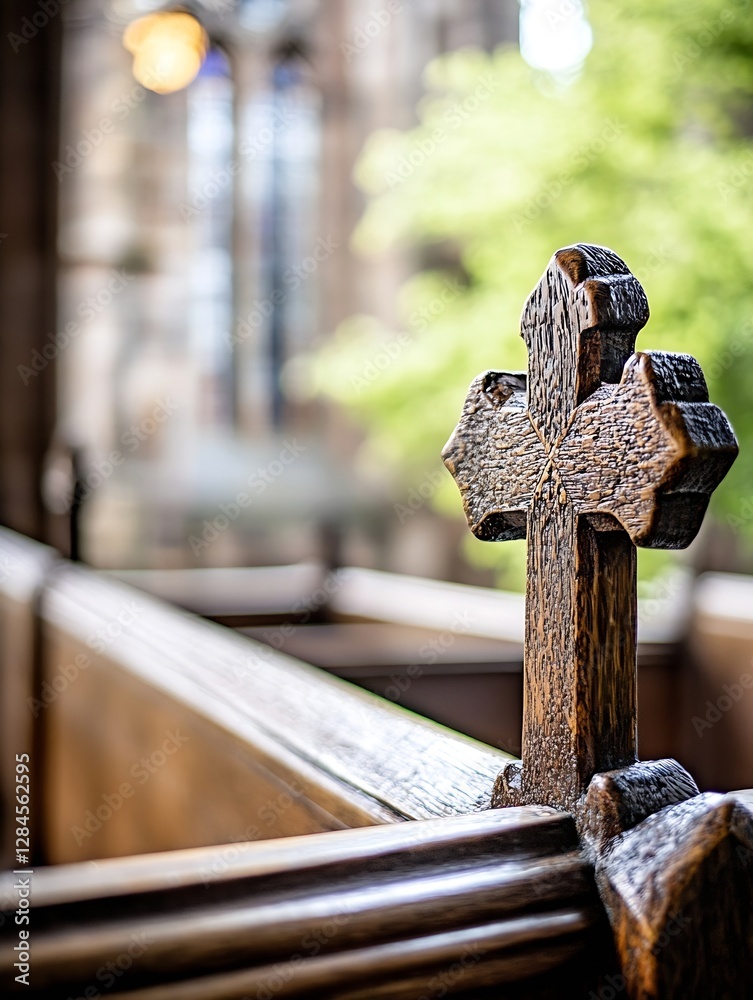 Poster intricate wooden cross in a church setting with sunlight filtering through stained glass : generativ