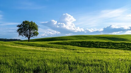 Naklejka premium Serene landscape showcasing vibrant green fields and a single tree under a bright blue sky with clouds : Generative AI