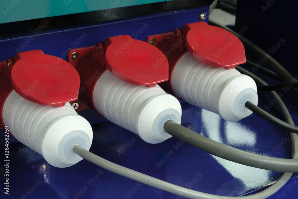 Poster three white and red electrical plugs are connected to a grey wire. the wires are connected to a devi