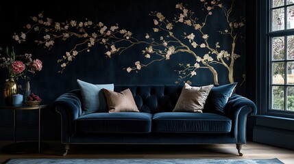 Obraz premium Statement wallpaper living room, high-fashion-inspired living room