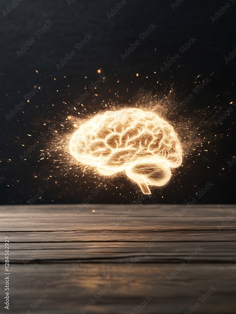 Leinwandbilder Conceptual Image of a Brain Illuminated with Light Sparks Against a Dark Background : Generative AI