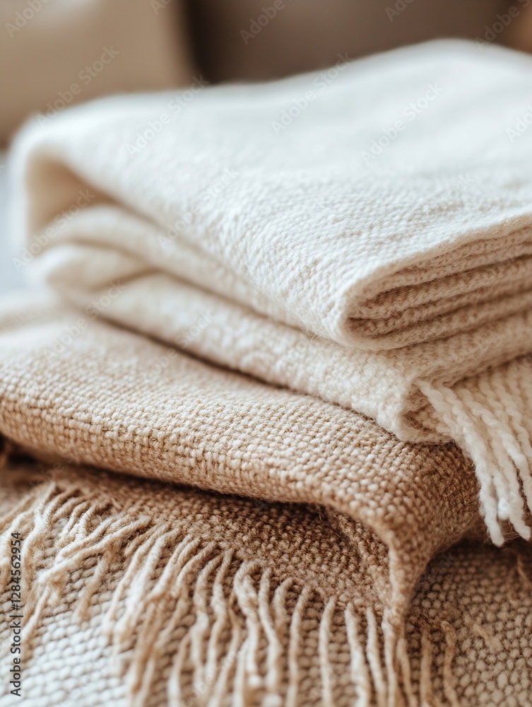 Poster Neatly arranged woven blankets in soft beige and cream tones on a cozy surface : Generative AI