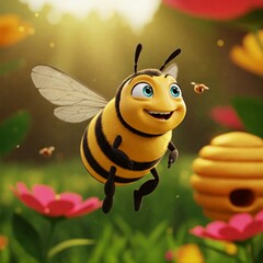 bee on a flower, Cute Animal Cartoon By JN