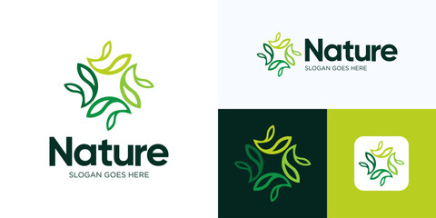 Ornament Green Nature leaves logo, Green plant or gardening logo design, Sprout leaf logotype, Agriculture vector logo concept, Ecology of environmental protection, organic icon logo, Nature farm