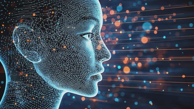 Digital Mindscape: A stunning digital representation of a woman's profile merges with an intricate network of interconnected nodes, lines, and particles.