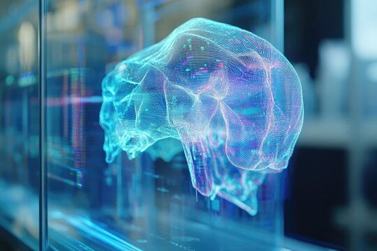 A 3D digital model of a human skull, glowing with vibrant blue and purple hues, displayed on a futuristic screen.