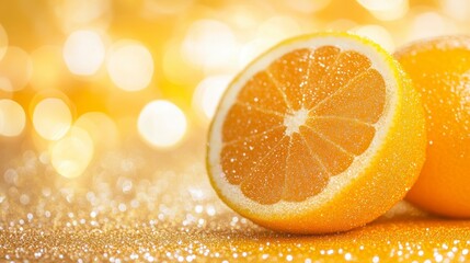 Orange slices on golden background; festive, healthy, food