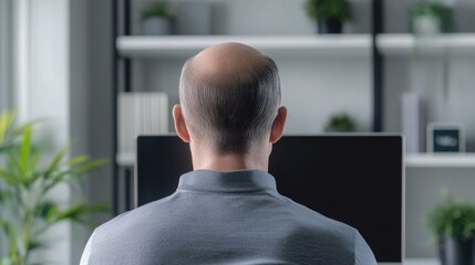 A man with thinning hair using a hair regrowth device in his modern home office. Featuring technology and innovation