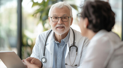 Healthcare representative assisting senior citizen with insurance options