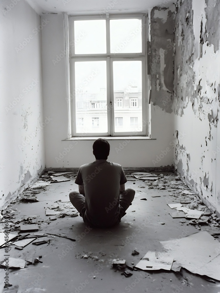 Poster abandoned and dilapidated room with a person sitting quietly amidst debris reflecting solitude and i