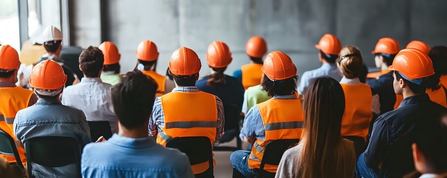 A group of workers wearing safety helmets and vests sitting in a training session. The scene emphasizes safety and teamwork in various industrial sectors.