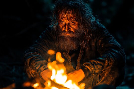 Elderly man gathers firewood while gazing into a bright campfire in a dark forest at night