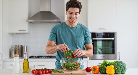 Happy man preparing a fresh salad with vegetables in a modern kitchen