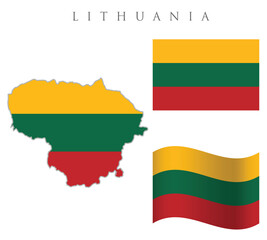 Fototapeta premium Lithuania map with flag embeded inside with 2 flags wavy flag and rectangular flag vector illustration