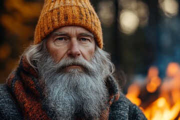 Older man with a thick beard and orange hat gazes thoughtfully near a warm campfire in a forest during autumn