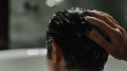 Naklejka premium A man with thinning hair using a hair regrowth serum in a well-lit bathroom. Featuring rejuvenation and hope