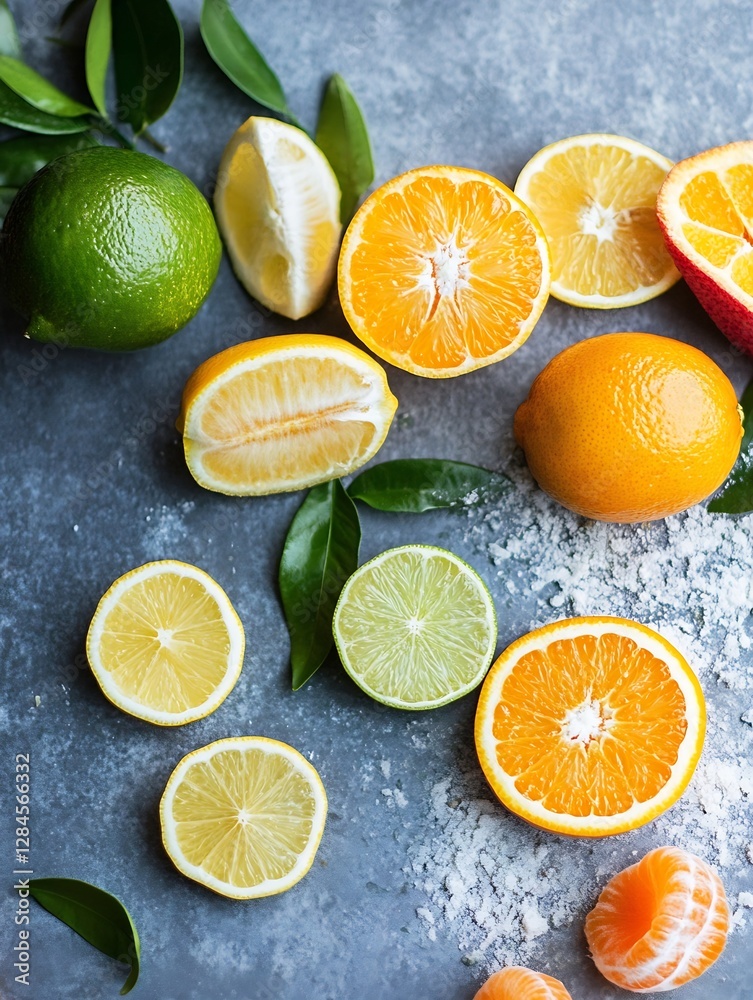 Poster vibrant assortment of citrus fruits sliced open showcasing freshness and natural colors on a texture