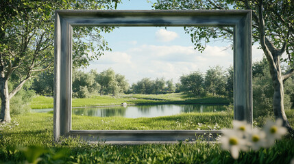 Frame Mockup Displayed in a Lush Outdoor Park Setting Featuring Green Grass, Trees, and a Serene Pond in the Background, Perfect for Nature-Inspired Products or Wellness Themes