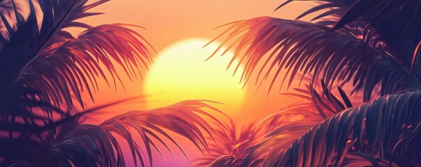 Vibrant tropical sunset through silhouetted palm leaves