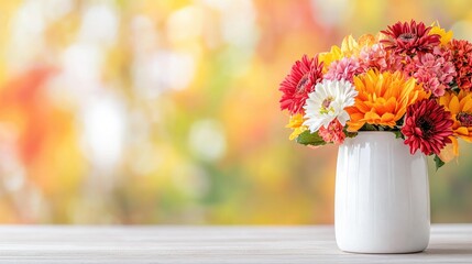 Autumnal flower bouquet in vase on table