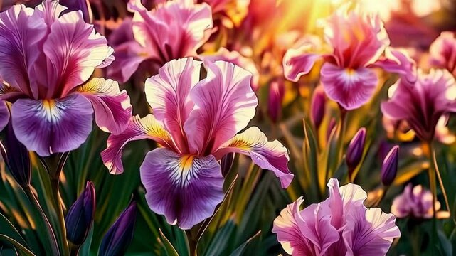 Pink iris flowers sway in the wind in the garden