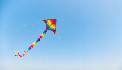 Colorful Holi kite flying in blue sky above open beach, festive joy