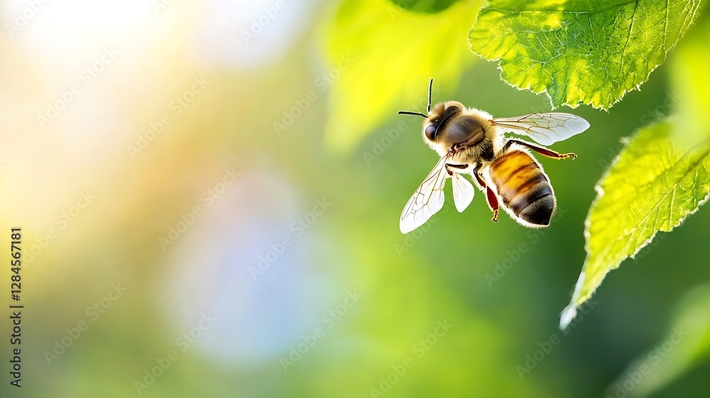 Poster Close up view of a bee hovering near green leaves in a bright nature setting : Generative AI