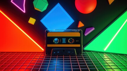 Retro audio cassette on grid with geometric neon shapes in background. 80's vibe and futuristic design.